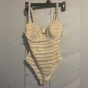 Women's Beige Striped Bodysuit